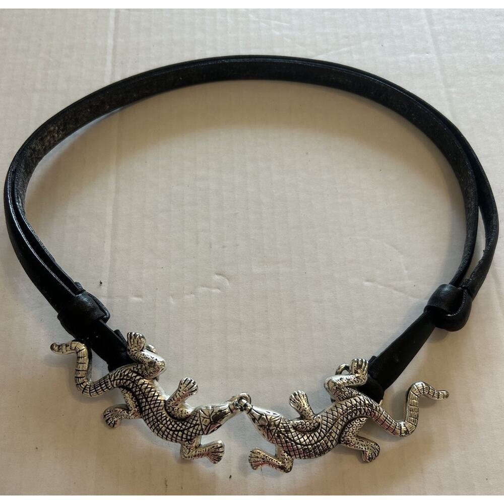 Chico's Black Thin Leather Belt Large Silver Alligator Buckle Adjustable 22-41”